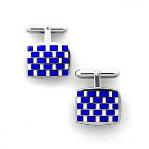 Sterling Silver Blue/White Rectangular Check T-Bar Cufflinks by Fine Enamels