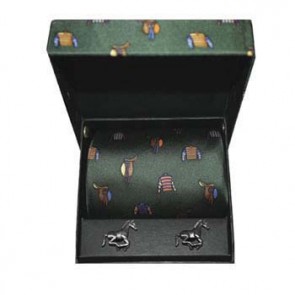 Green Racing Colours Silk Tie And Cufflinks Box Set by Sax Design