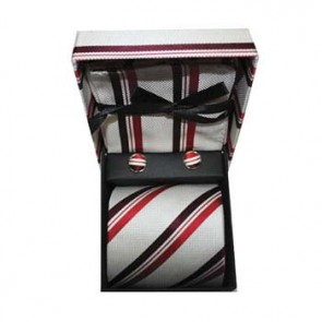 Red And White Stripe Cufflinks Tie And Hankie Gift Box by Sax Design